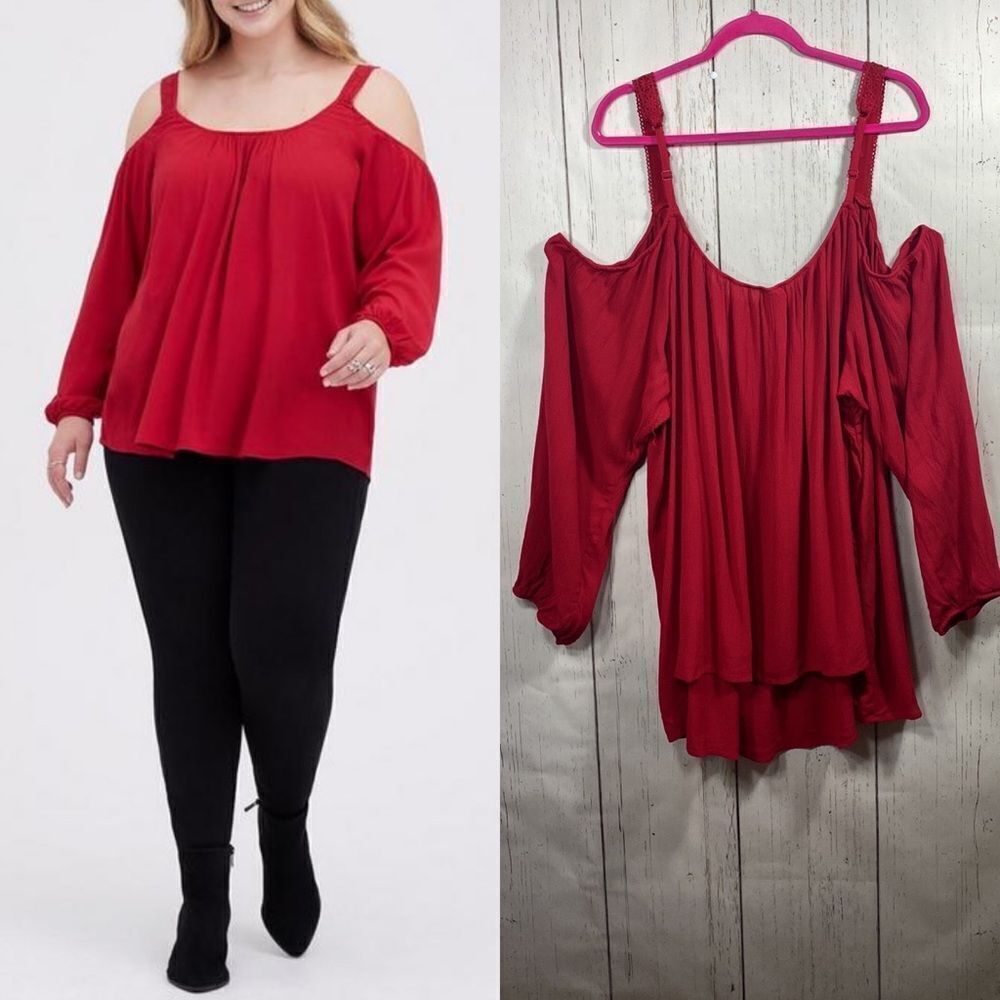 Torrid Womens Plus Crinkle Gauze Lace Trim Cold Shoulder Red Top